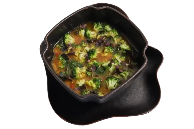 French lentil soup with crispy broccoli