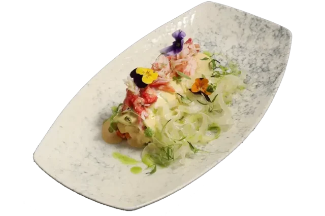 Olivier with Kamchatka (Red king) crab in avocado slices