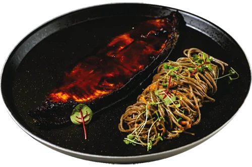 Halibut steak in caramel teriyaki with buckwheat noodles